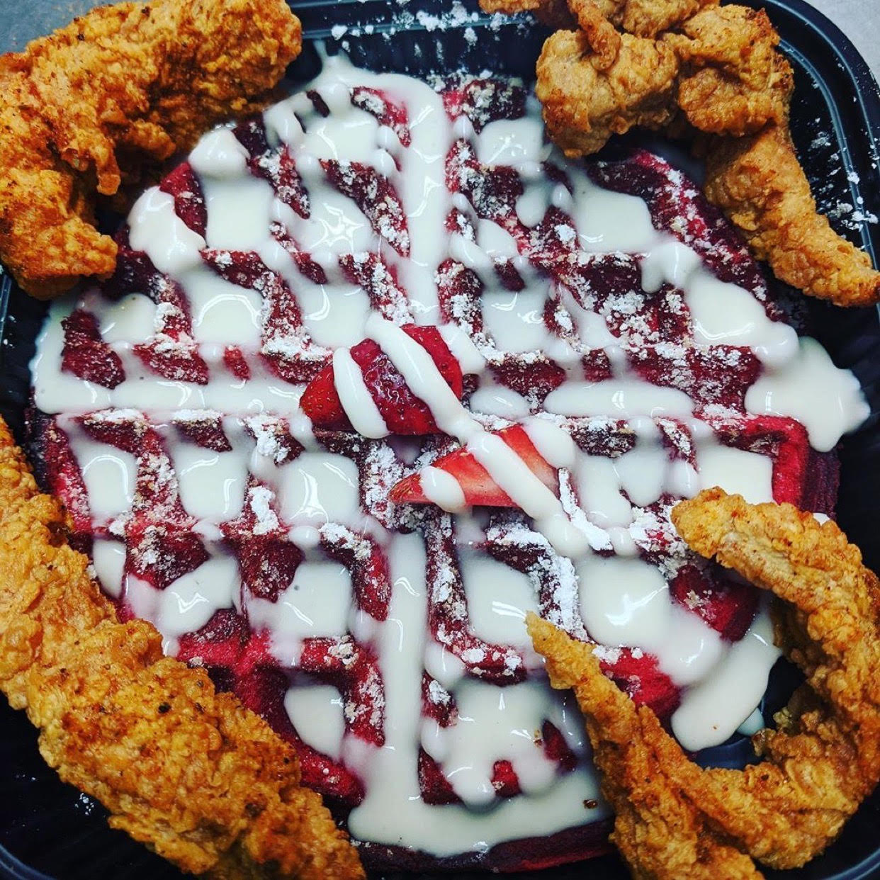 Order Aunt Bungie Chicken & Red Waffle Combo food online from Cuzzo's Cuisine store, Charlotte on bringmethat.com