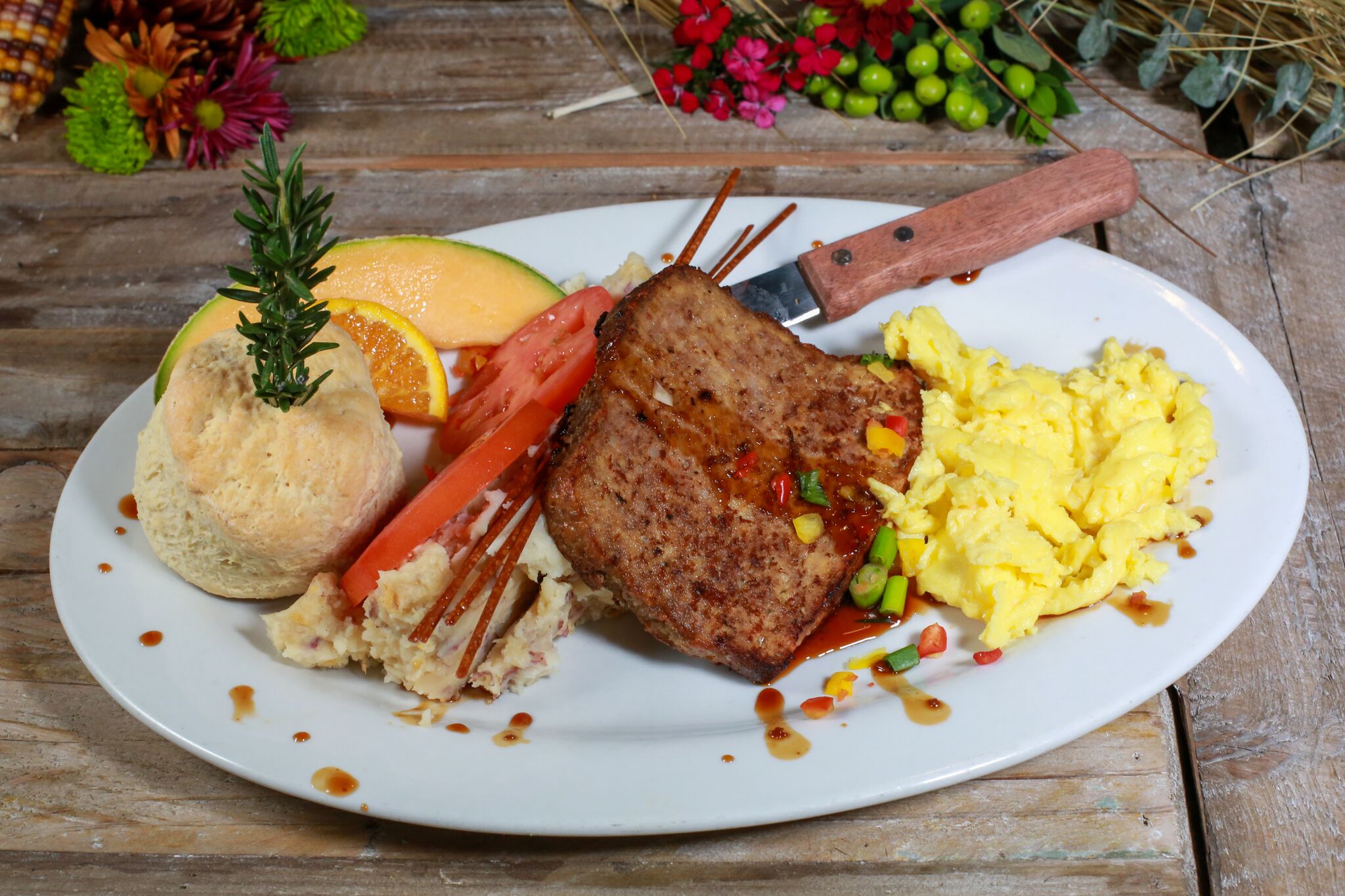Order Griddled Meatloaf & Eggs food online from Hash House a Go Go store, Las Vegas on bringmethat.com