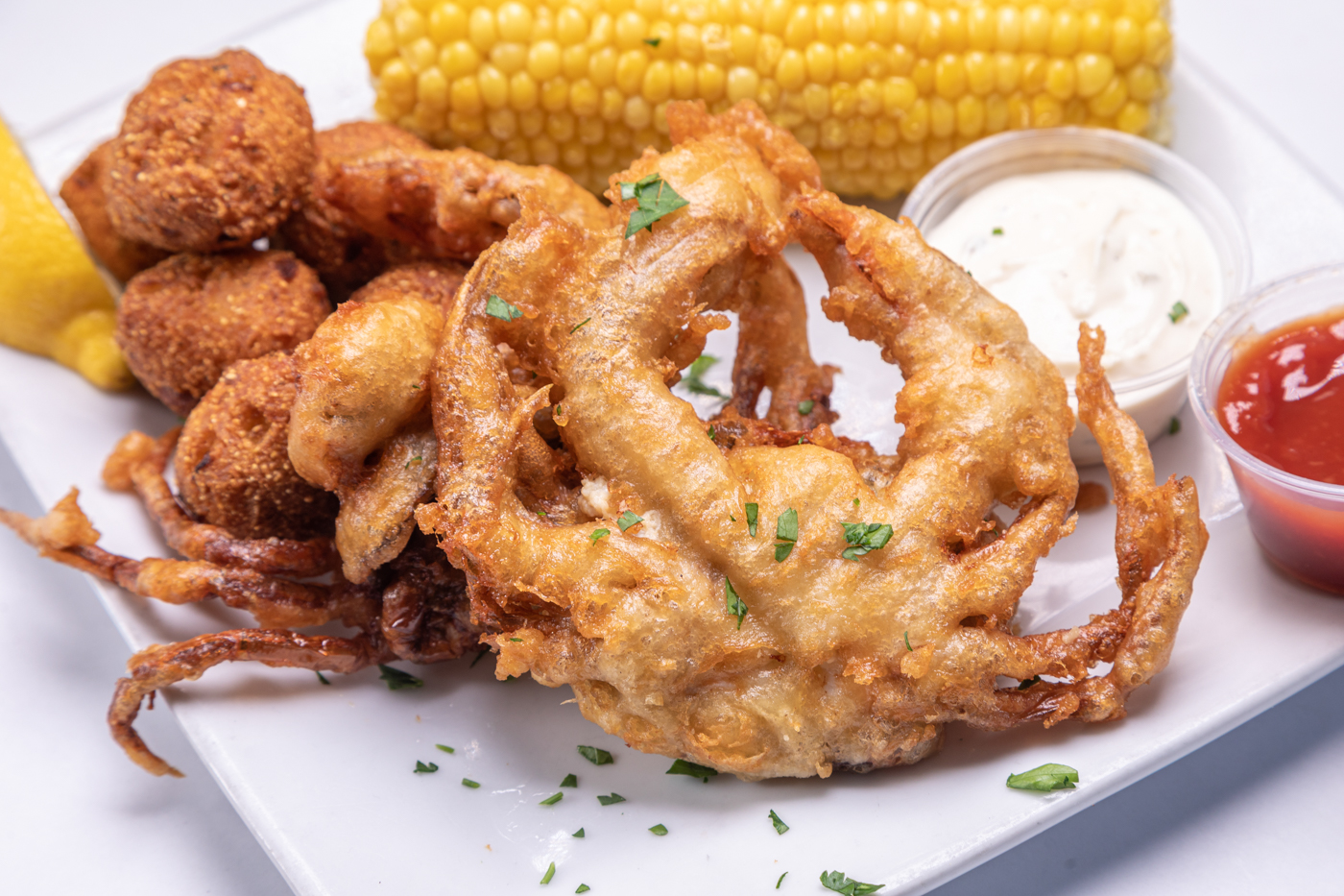 Order 2 Soft Shell Crab Plate food online from Captain Kidds Fish Market & Restaurant store, Redondo Beach on bringmethat.com