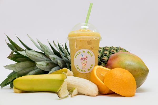 Order S7. Orange, Pineapple, Mango, Banana and Non Fat Yogurt Smoothie food online from Pick & Mix Juice Bar store, Burbank on bringmethat.com