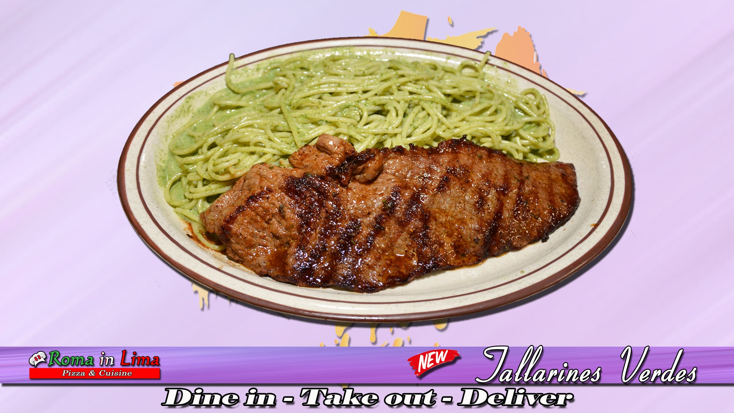 Order Tallarines Verdes con Bistec - Entree food online from Roma In Lima Pizza & Cuisine store, Immokalee on bringmethat.com