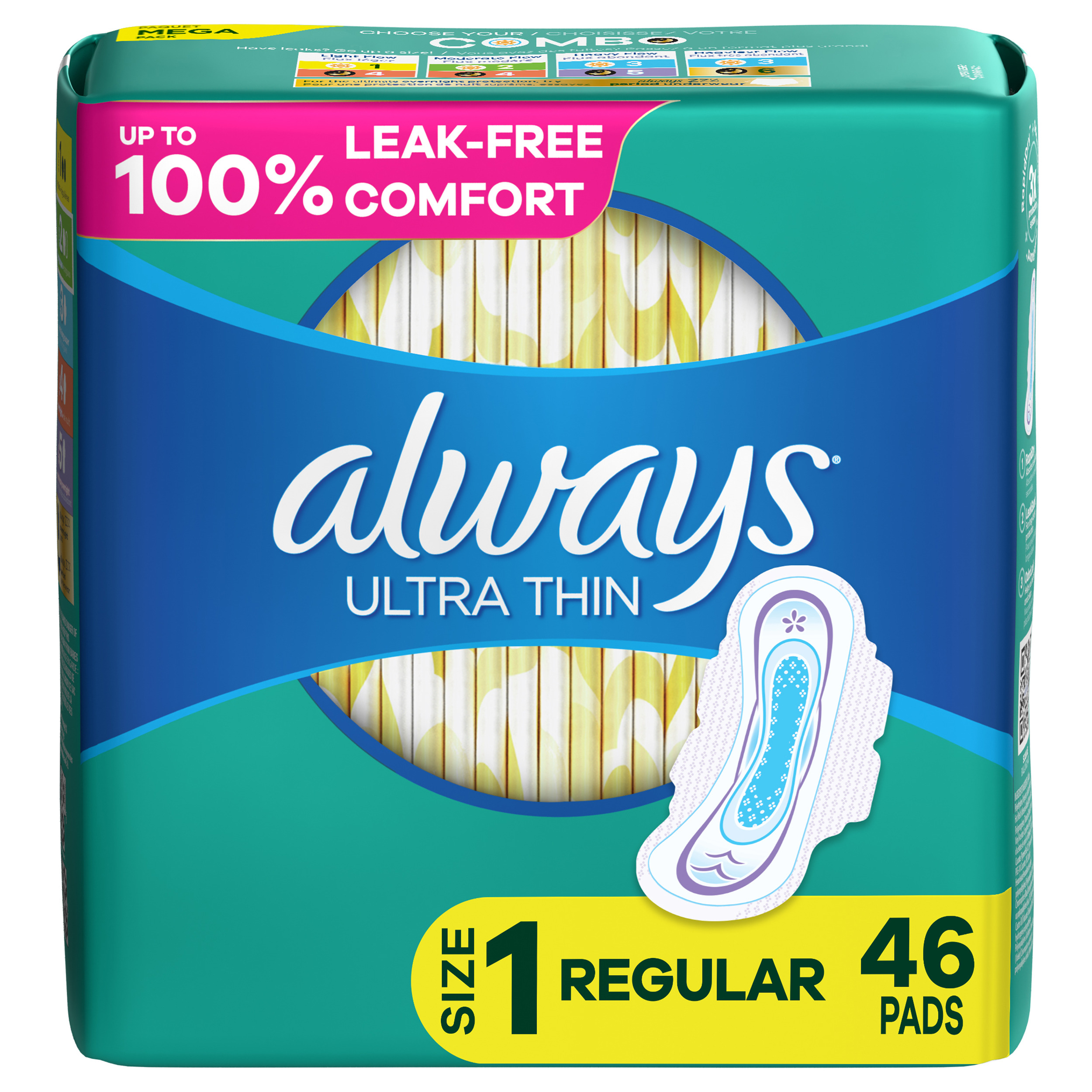 Order Always Ultra Thin Daytime Pads with Wings - Unscented, 46 ct food online from Rite Aid store, MILLER PLACE on bringmethat.com