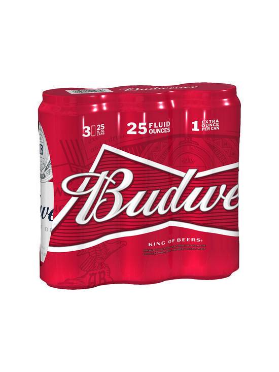 Order Budweiser 25 OZ Can 3 Pack (5.0 % ABV) food online from Chevron Extramile store, Roseville on bringmethat.com