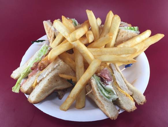 Order 23. Chicken Club with French Fries food online from Michael's Burgers store, Canoga Park on bringmethat.com