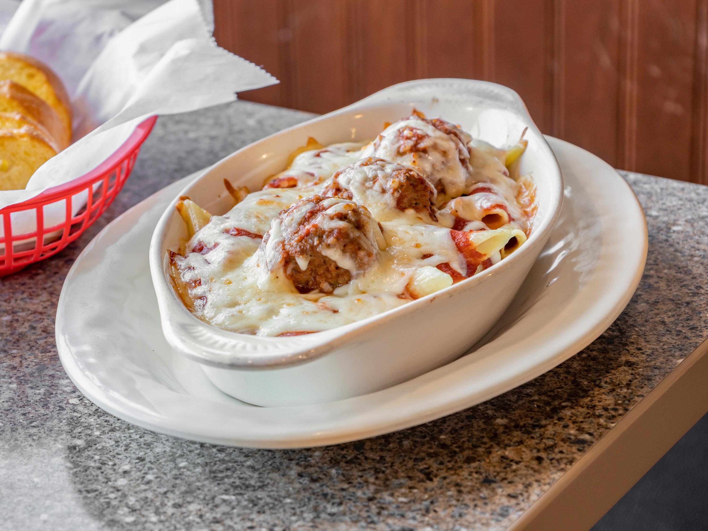 Order Baked Penne Pasta with Meatballs, Cheese and Marinara Sauce food online from Chicago Pizza store, Speedway on bringmethat.com