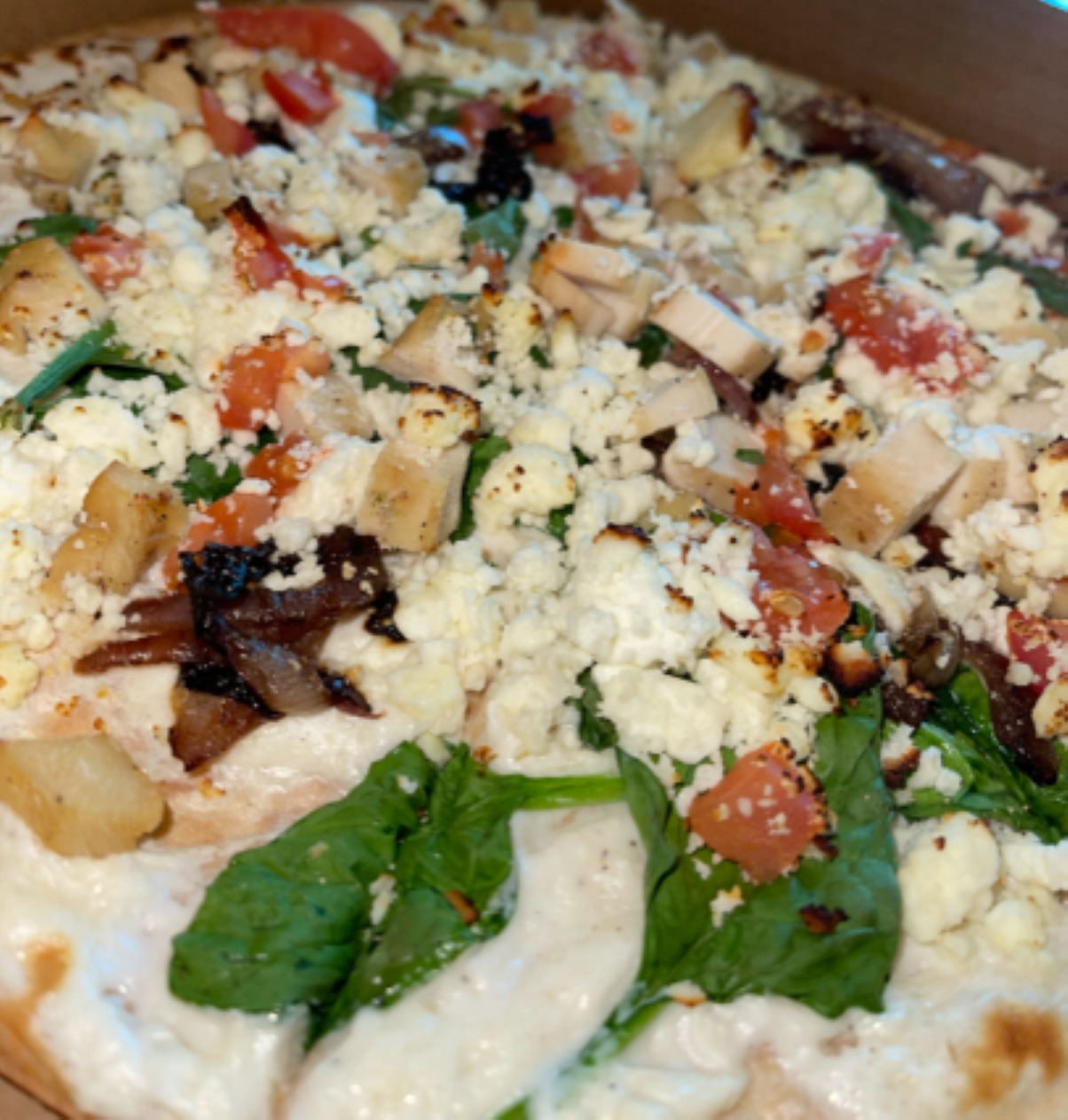 Order Spinach and Feta w/ Chicken Pizza food online from Bookworms Cafe store, Mountain Home on bringmethat.com