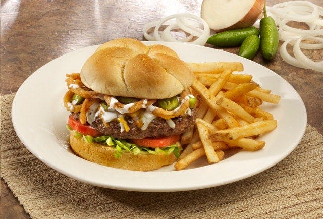 Order Jalapeno & Onion Straw Burger - Burger food online from Boston Restaurant store, Tucson on bringmethat.com
