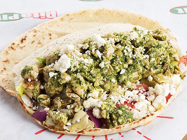 Order Chicken Pesto - Chicken grilled in Pesto Sauce with Romaine, Roasted Red Peppers, Tomatoes, Feta and Greek Seasoning food online from The Pita Pit store, Chicago on bringmethat.com