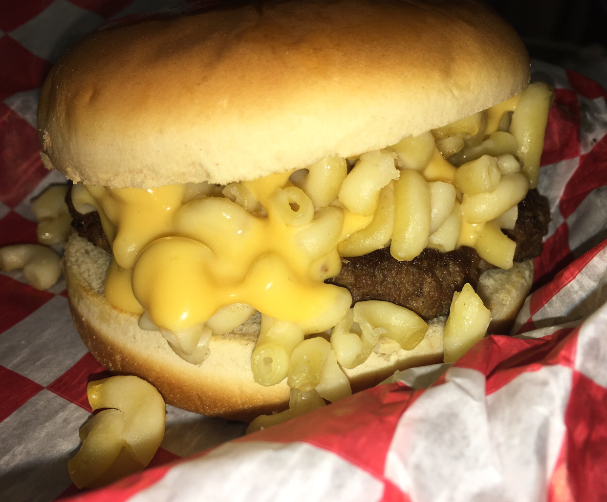 Order Mac and Cheeseburger (1/2 lb.) food online from Ranch House Burgers II store, Mission on bringmethat.com