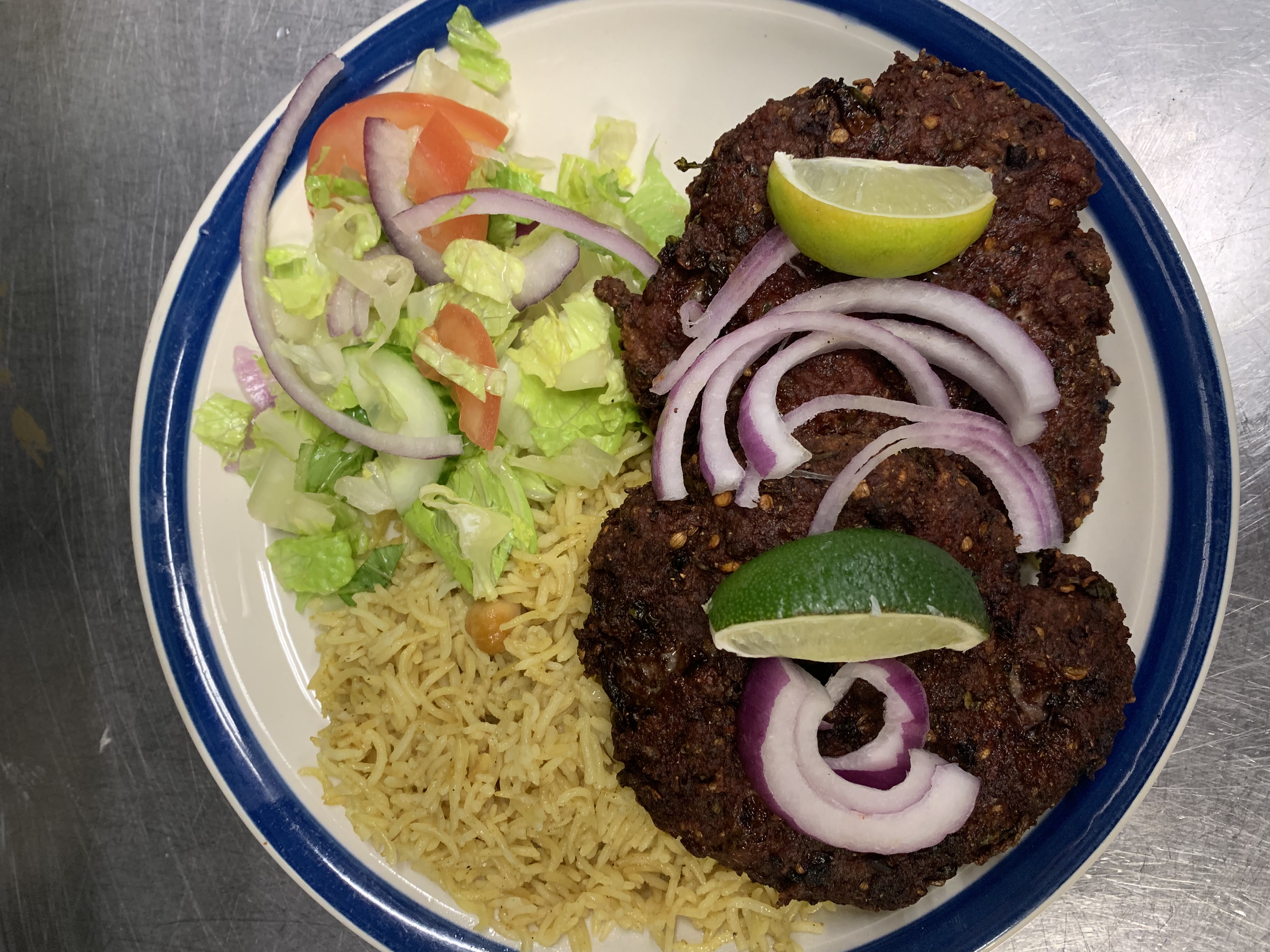 Order Beef Chapli Kabob Platter food online from Mughal Oasis Restaurant store, Springfield on bringmethat.com