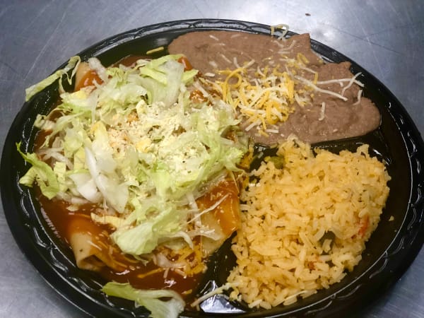Order 2 Enchiladas Beef Combo Plate food online from Albertos Mexican Food store, Riverside on bringmethat.com