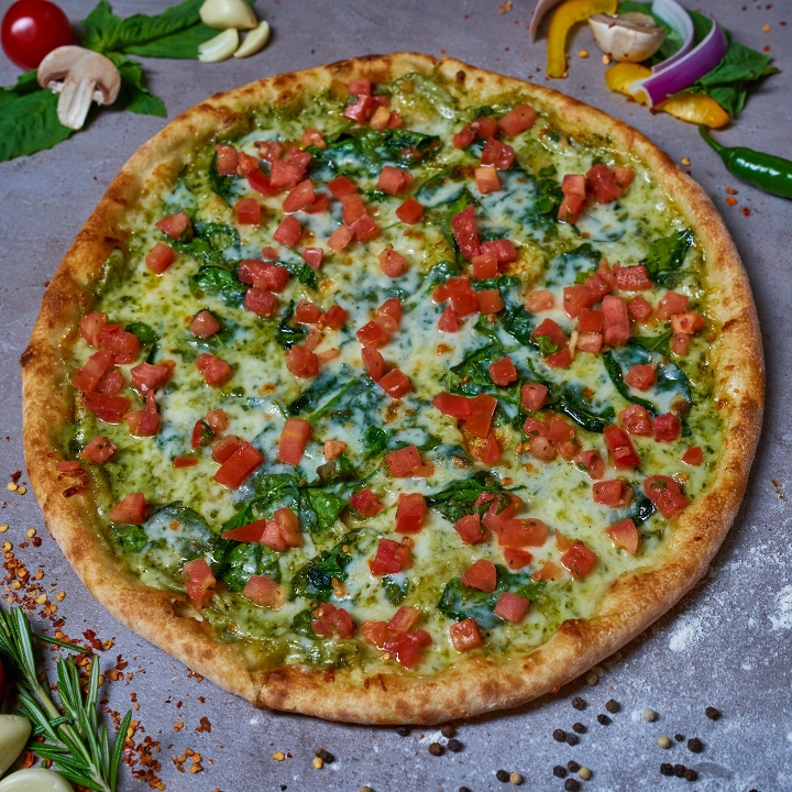 Order Pesto Spinachi Pizza food online from The Bella Ciao store, Charlotte on bringmethat.com