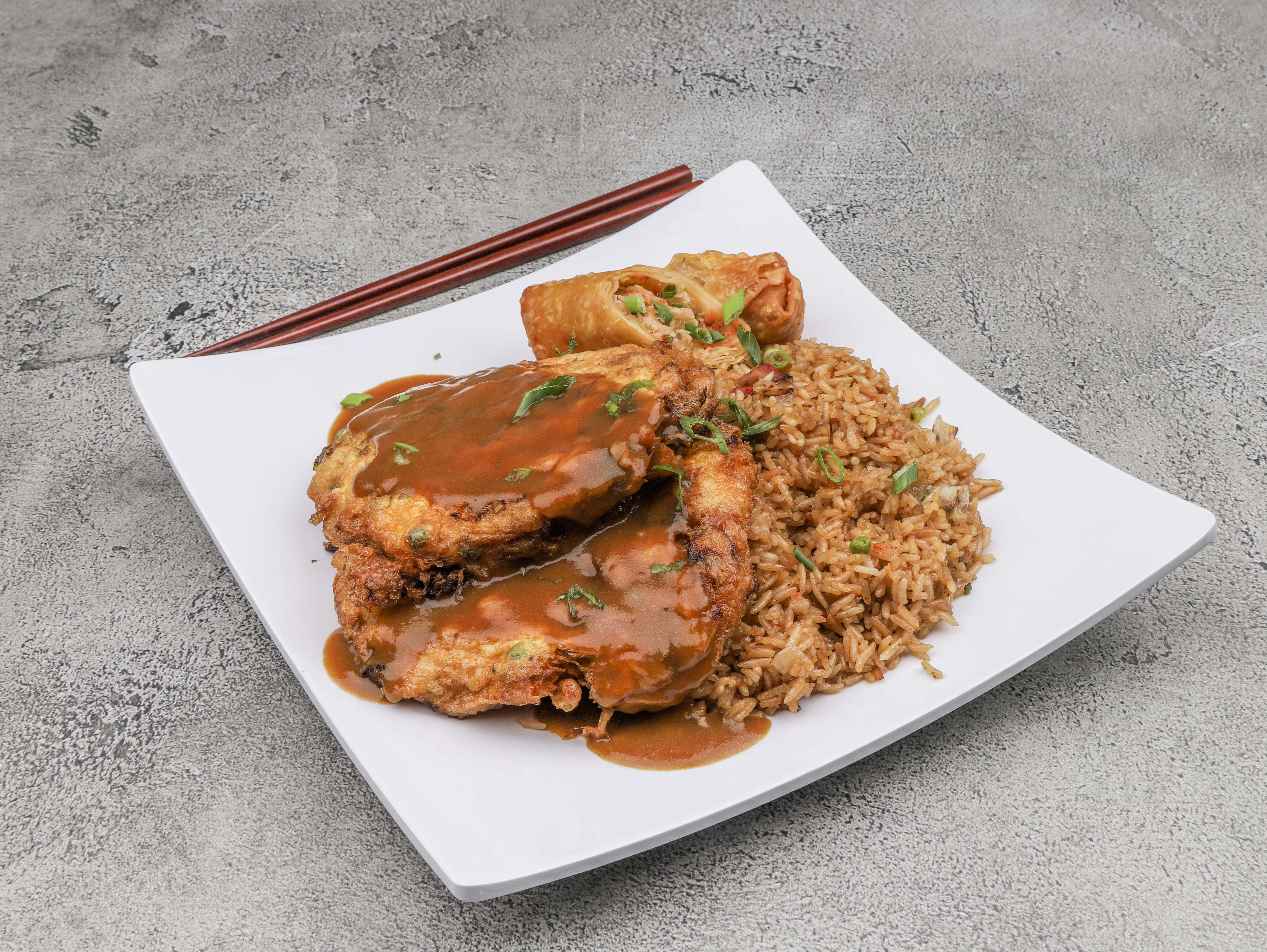 Order C35. Egg Foo Young Combination Platter food online from China One store, Cary on bringmethat.com
