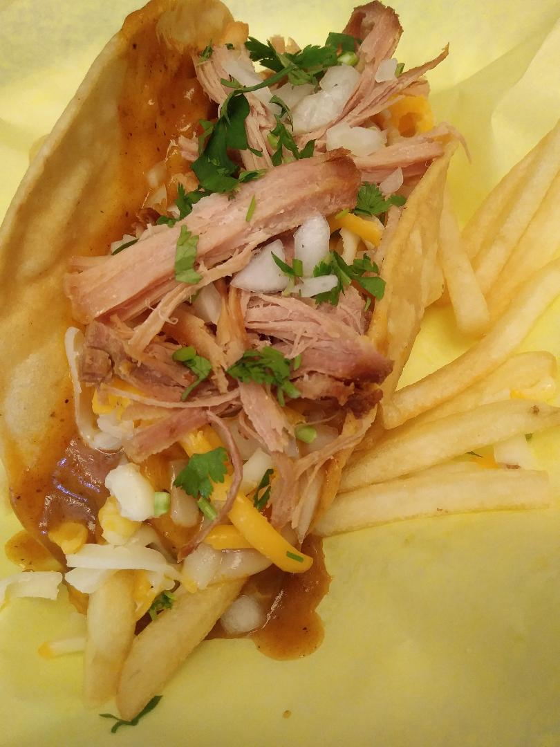 Order Carnitas French Fries Taco food online from Burrito Factory store, Sunland on bringmethat.com
