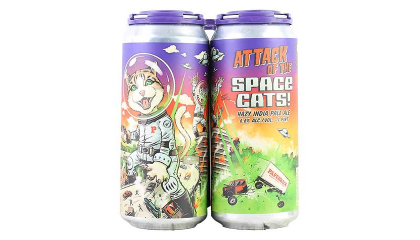 Order Paperback Attack of the Space Cats! Hazy IPA 4 Pack 16 oz Cans 6.6% ABV food online from Rancho Liquor store, Thousand Oaks on bringmethat.com