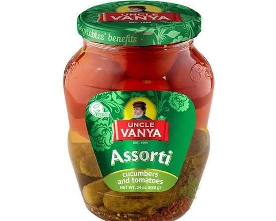 Order Uncle Vanya Assorti Cucumbers & Tomatoes (24 Oz) food online from Nohadra Grocery store, Chicago on bringmethat.com