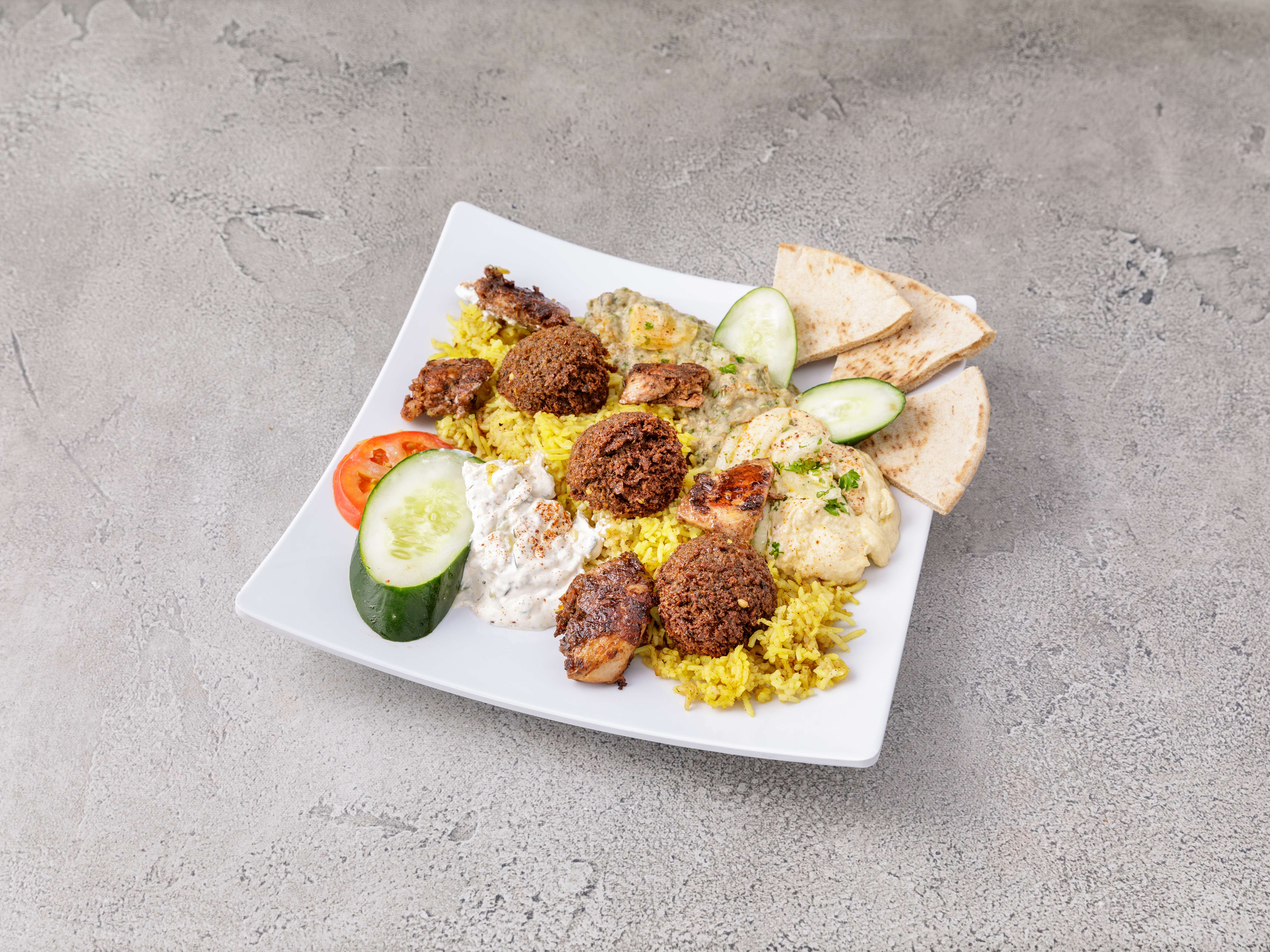 Order Combination Plate with Meat food online from Aladdin Express store, Richmond on bringmethat.com