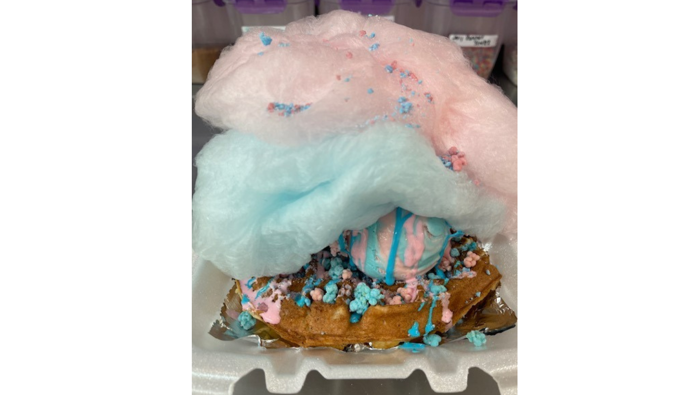 Order Waffle Sundae - Cotton Candy food online from Libby Lou Fun Factory store, Columbus on bringmethat.com