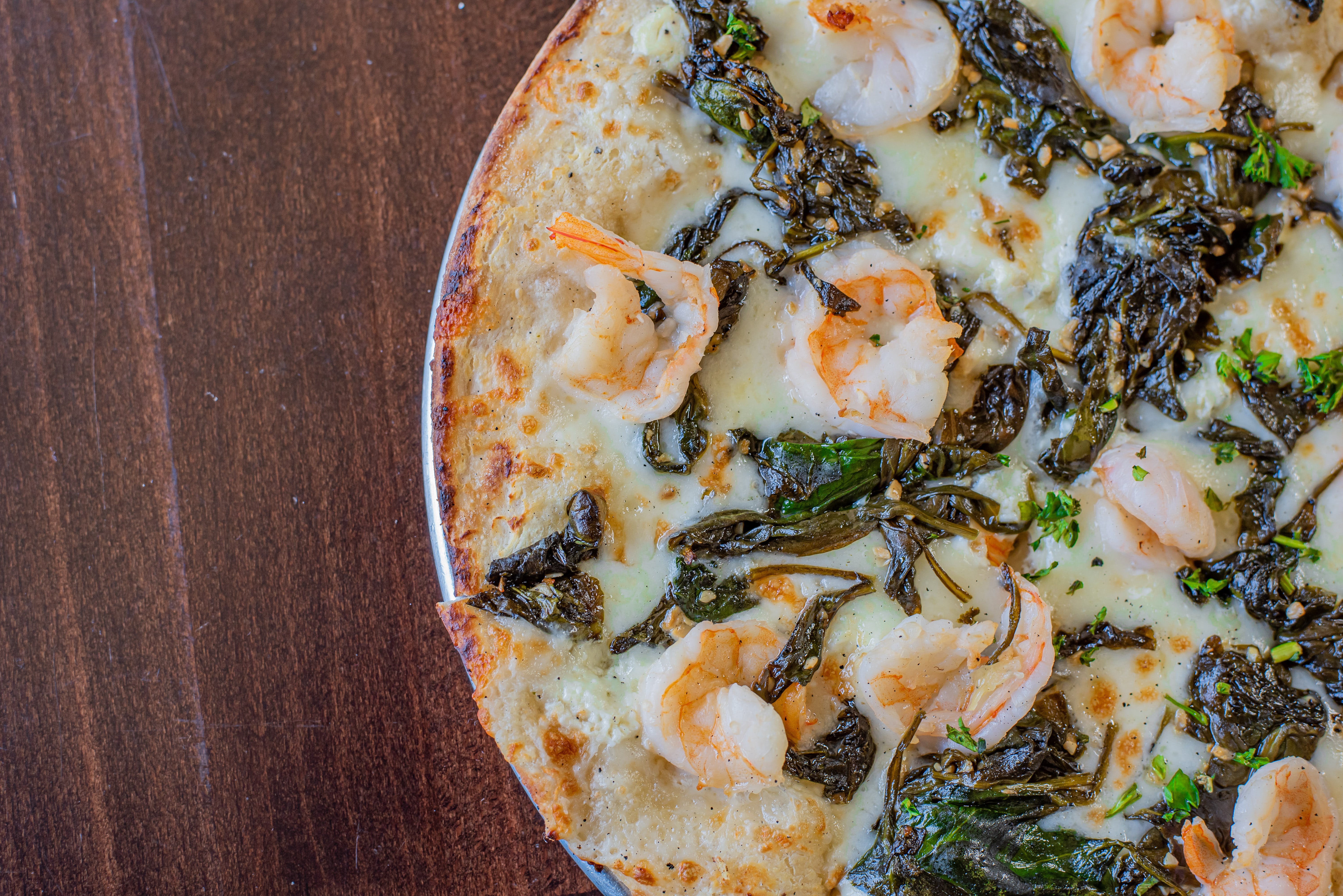 Order Shrimp & Spinach Pizza - Regular 10'' (Serves 1-2) food online from Craftsman Wood Fired Pizza store, Placentia on bringmethat.com