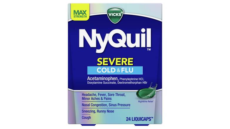 Order Vicks Nyquil Severe Cough Cold And Flu Relief 24 Liquicaps food online from Trumbull Mobil store, Trumbull on bringmethat.com