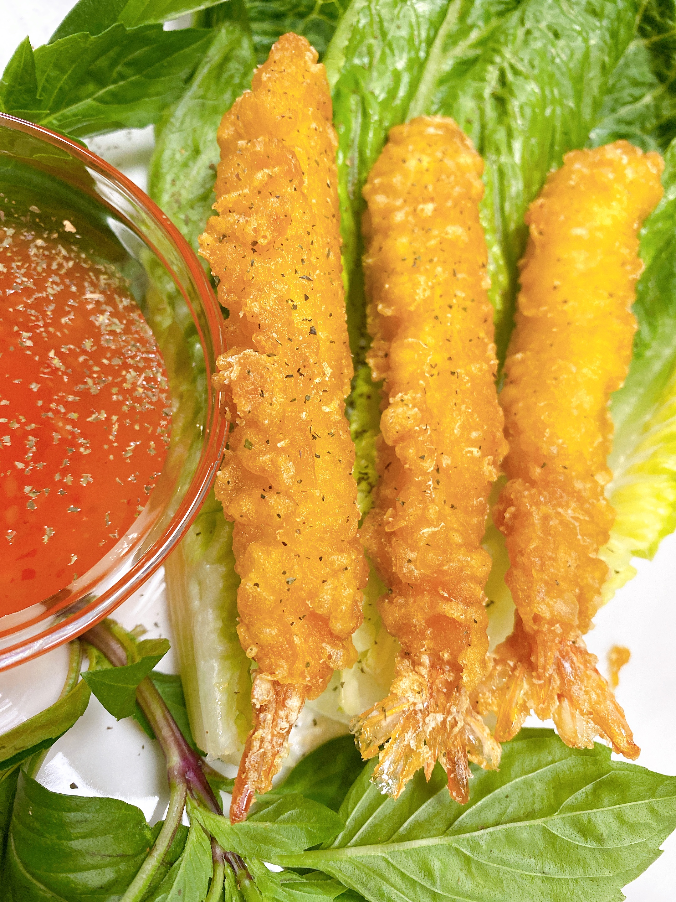 Order Fantail Shrimps Tempura with lettuce & basil Sweet Chili Sauce food online from My Thai store, Newark on bringmethat.com