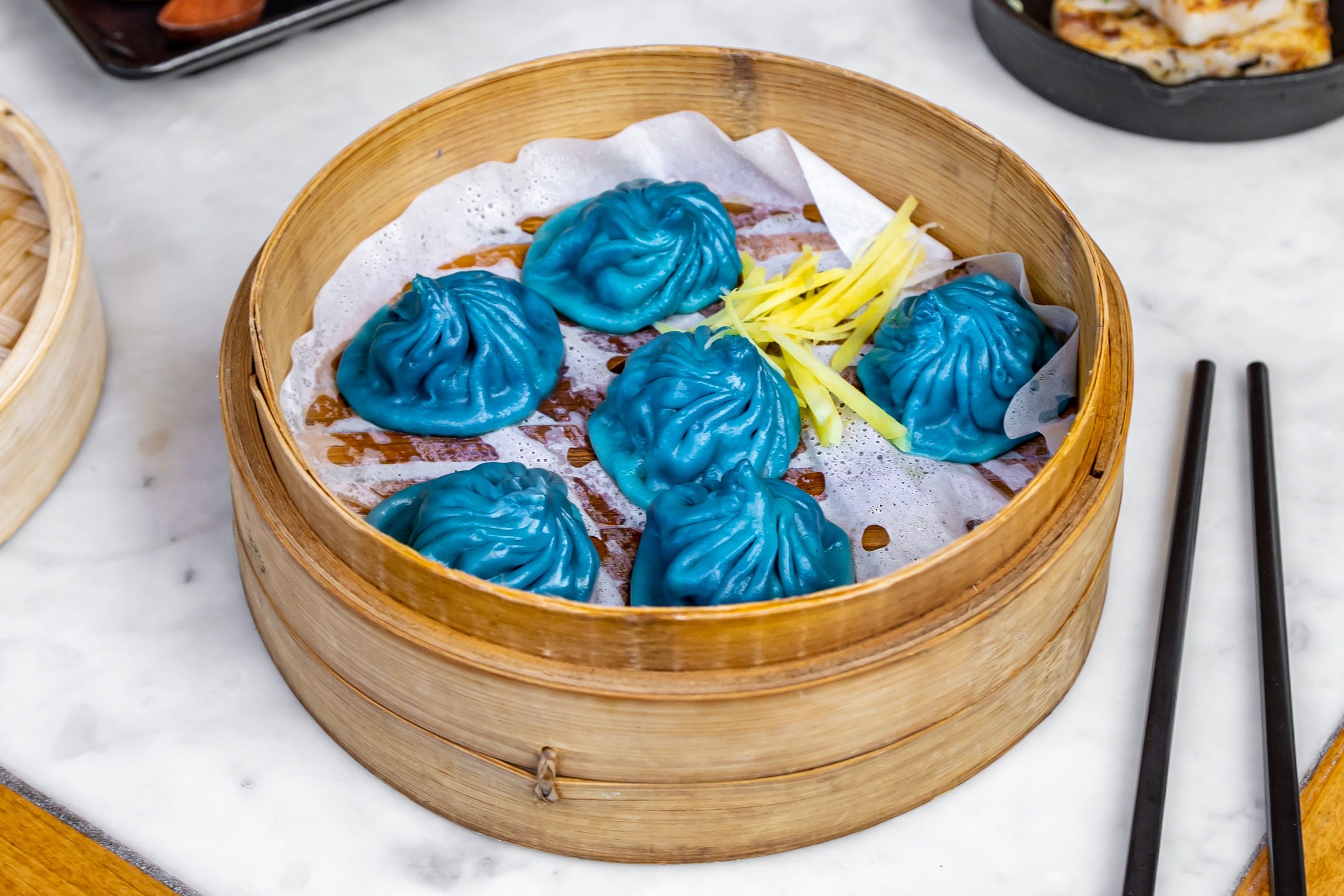 Order Cuttlefish ＆ Pork Soup Dumpling - Blue Xiao Long Bao food online from Iron Teapot Dim Sum store, Los Angeles on bringmethat.com
