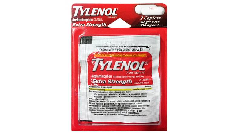 Order Tylenol Extra Strength Single-Pack Blister - 2 Caplets food online from Aldan Sunoco store, Aldan on bringmethat.com