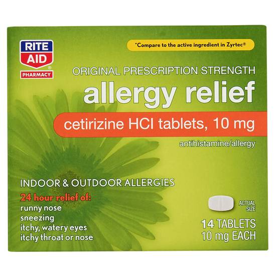 Order Rite Aid Allergy Relief Cetirizine HCI Tablets 10 mg (14 ct) food online from Rite Aid store, Warren on bringmethat.com