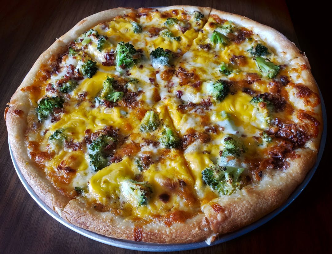 Order Broccoli Bacon & Cheddar Pizza - Personal 8" food online from La Vostra Pizza store, Mckees Rocks on bringmethat.com