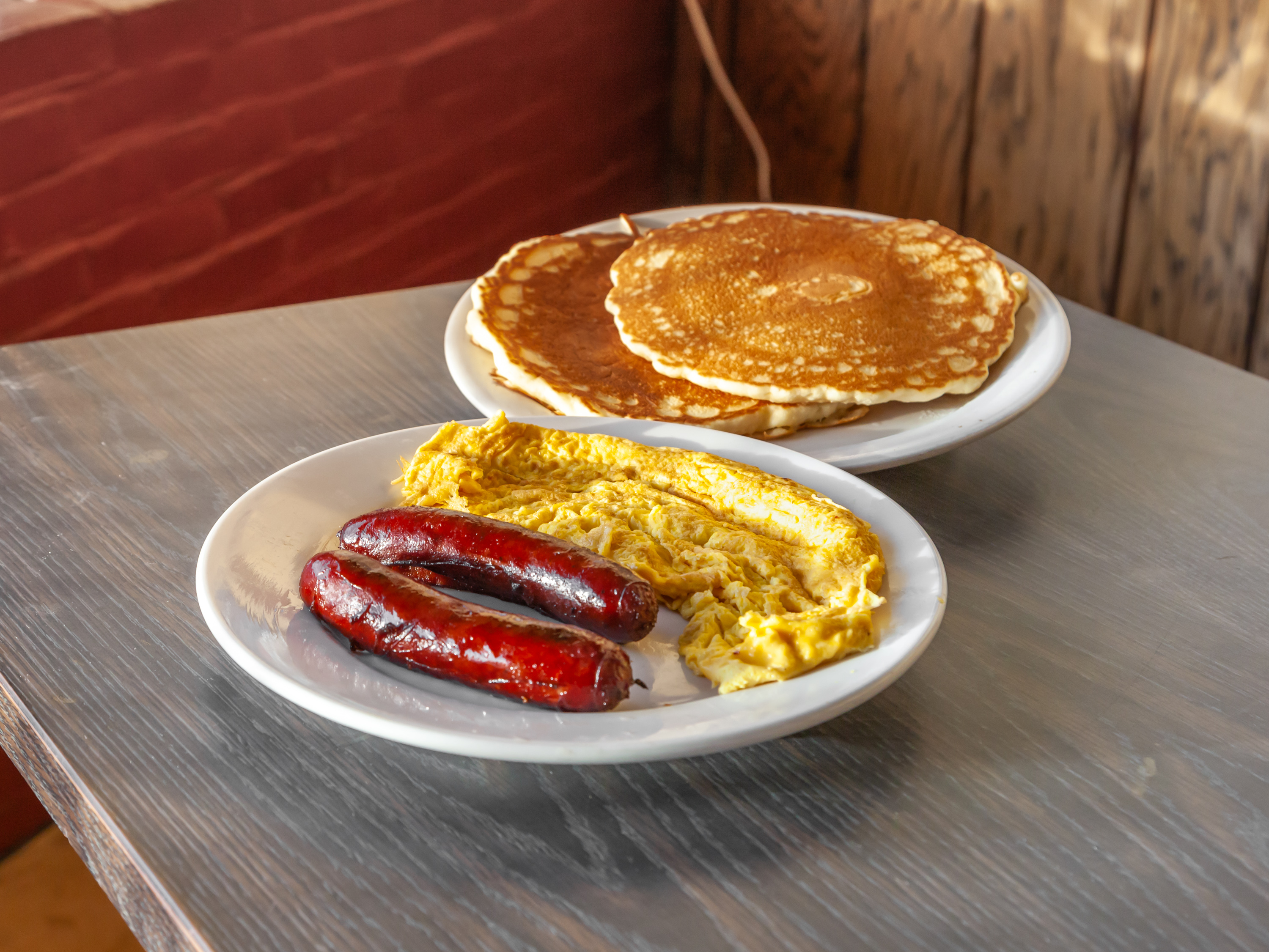 Order #30. Pancake 2 Eggs with Beef Sausage food online from Brothers deli restaurant store, Mattapan on bringmethat.com