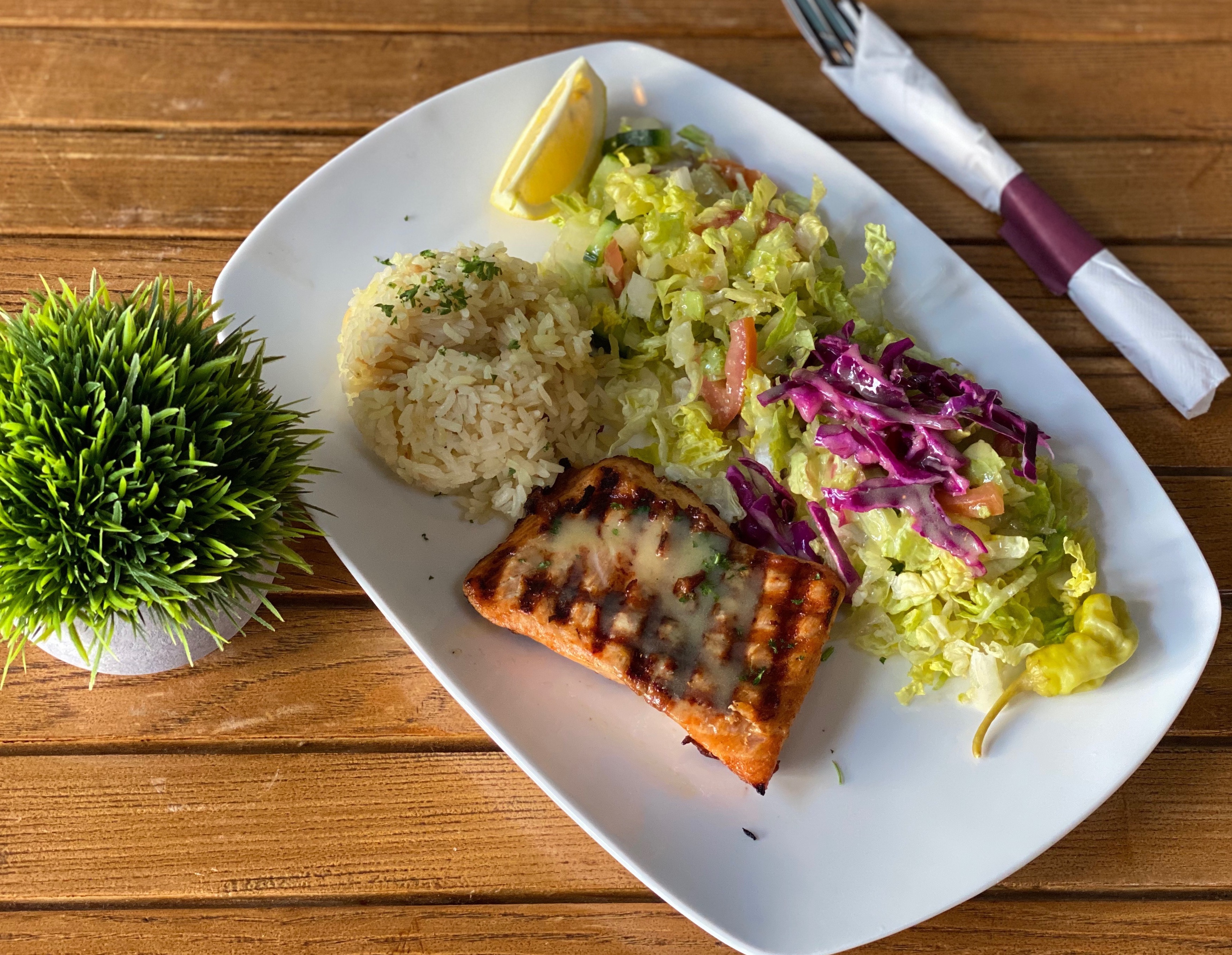 Order Grilled Salmon Plate food online from Mediterranean Kitchen store, Burlingame on bringmethat.com