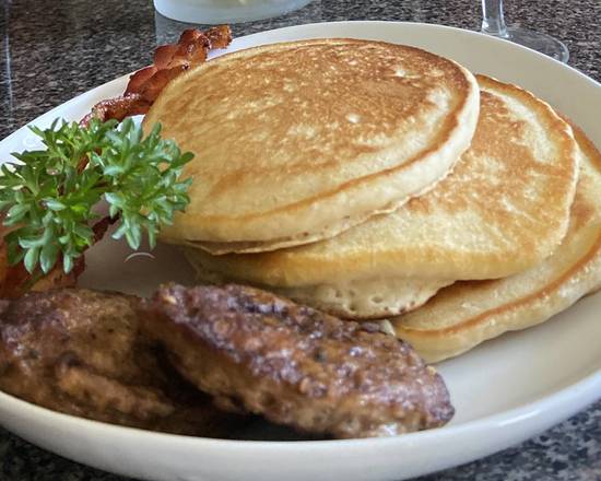 Order Pancakes with Pan Sausage and Eggs food online from Dessence Cafe store, East Point on bringmethat.com