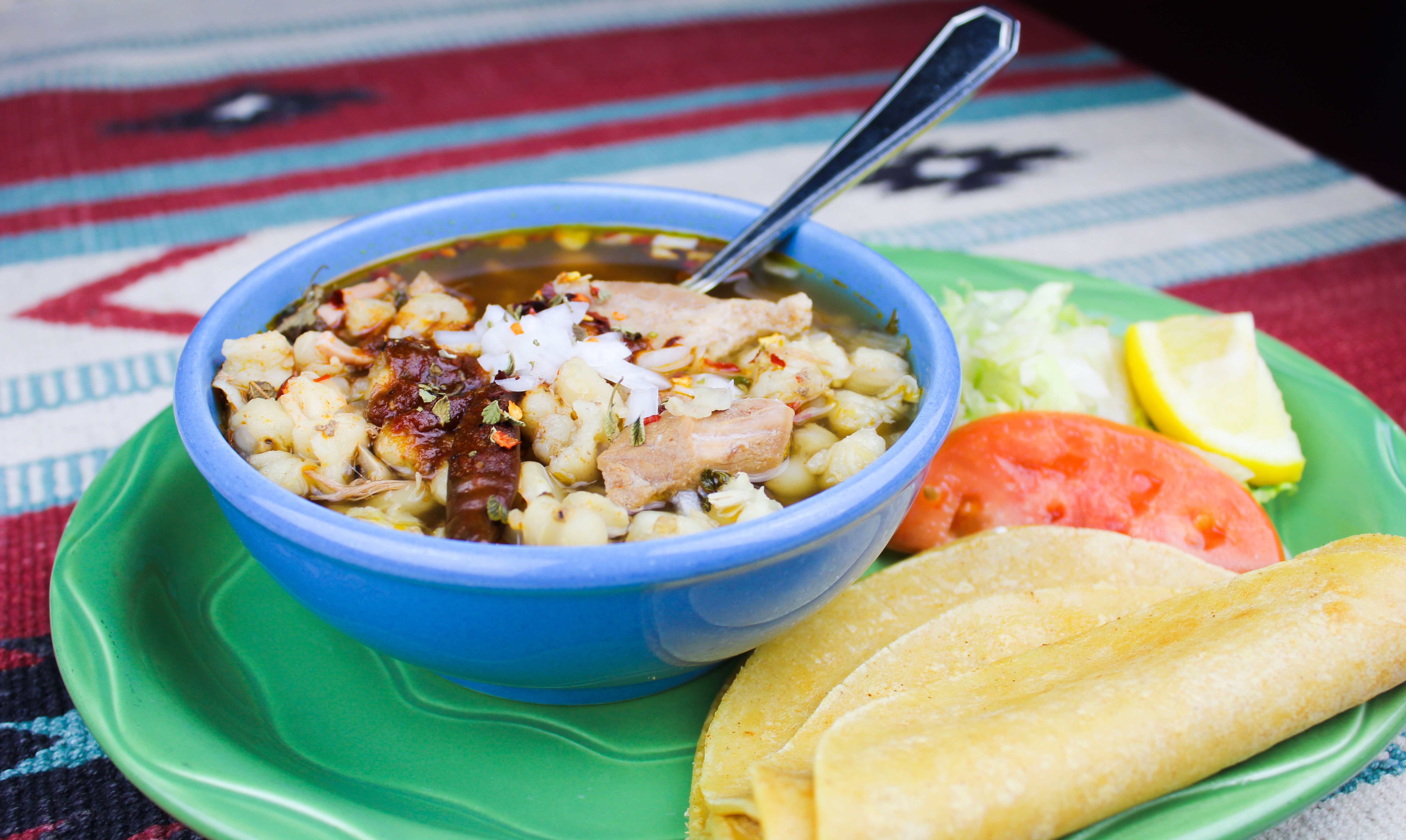Order D. Red Chile Pozole food online from Los Dos Molinos store, Mesa on bringmethat.com