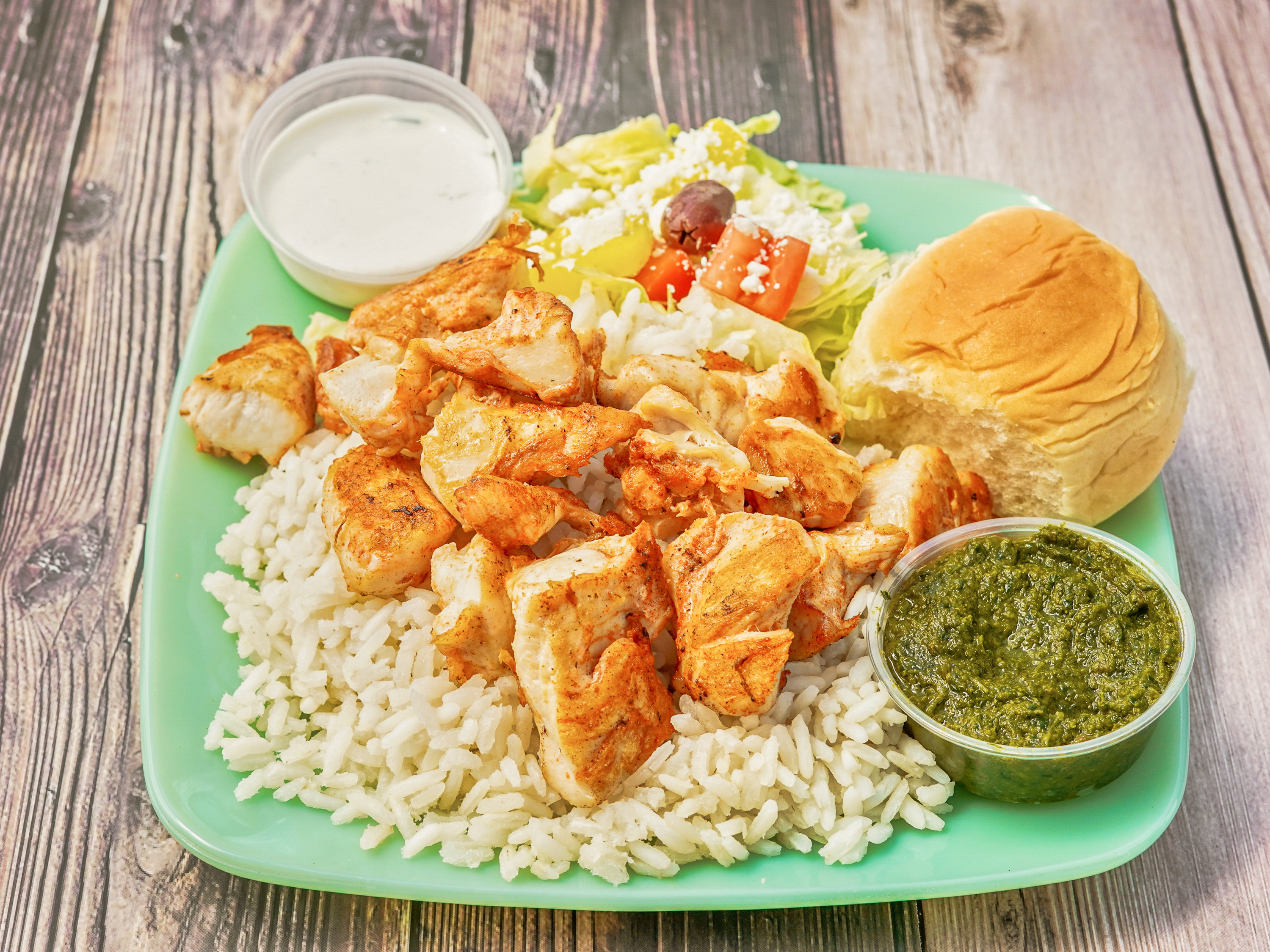 Order Mediterranean Chicken with Rice Platter food online from Mikey Kitchen store, Elmwood Place on bringmethat.com