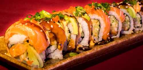 Order C7. Salmon Mania Roll food online from Koyoma Sushi store, Albuquerque on bringmethat.com