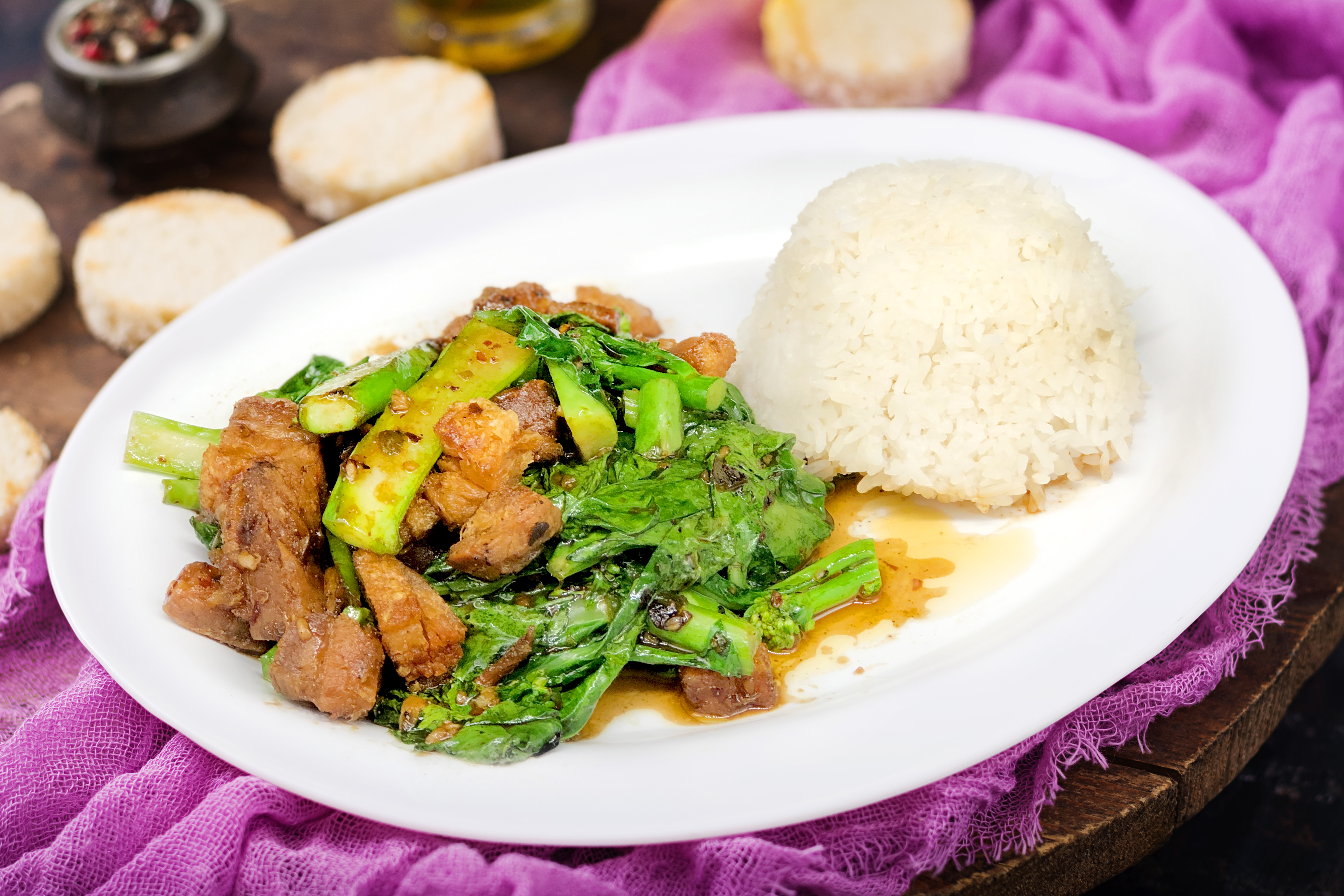 Order Crispy Pork with Chinese Broccoli food online from Ubon Thai Kitchen store, Torrance on bringmethat.com