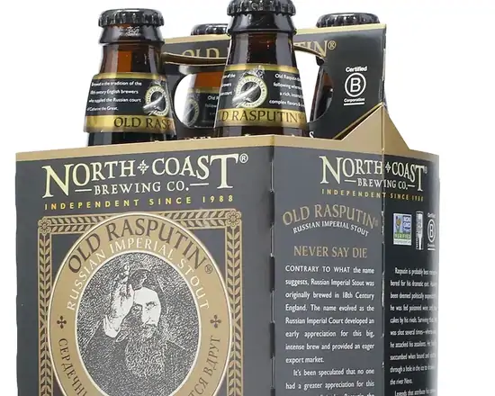 Order North Coast Old Rasputin Imperial Stout 9% abv 4Pk 12oz bottles food online from Sousa Wines & Liquors store, Mountain View on bringmethat.com