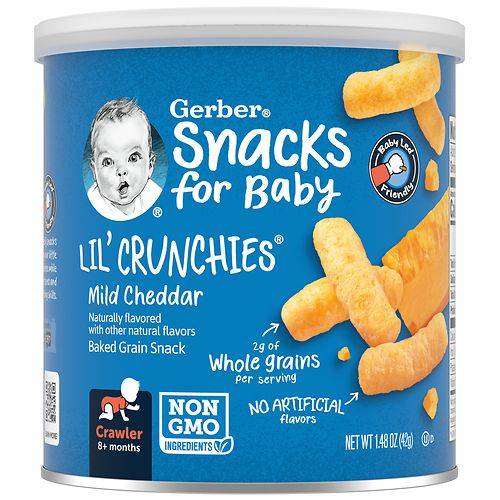 Order Gerber Lil' Crunchies Baked Corn Snack Cheddar - 1.48 oz food online from Walgreens store, Hometown on bringmethat.com