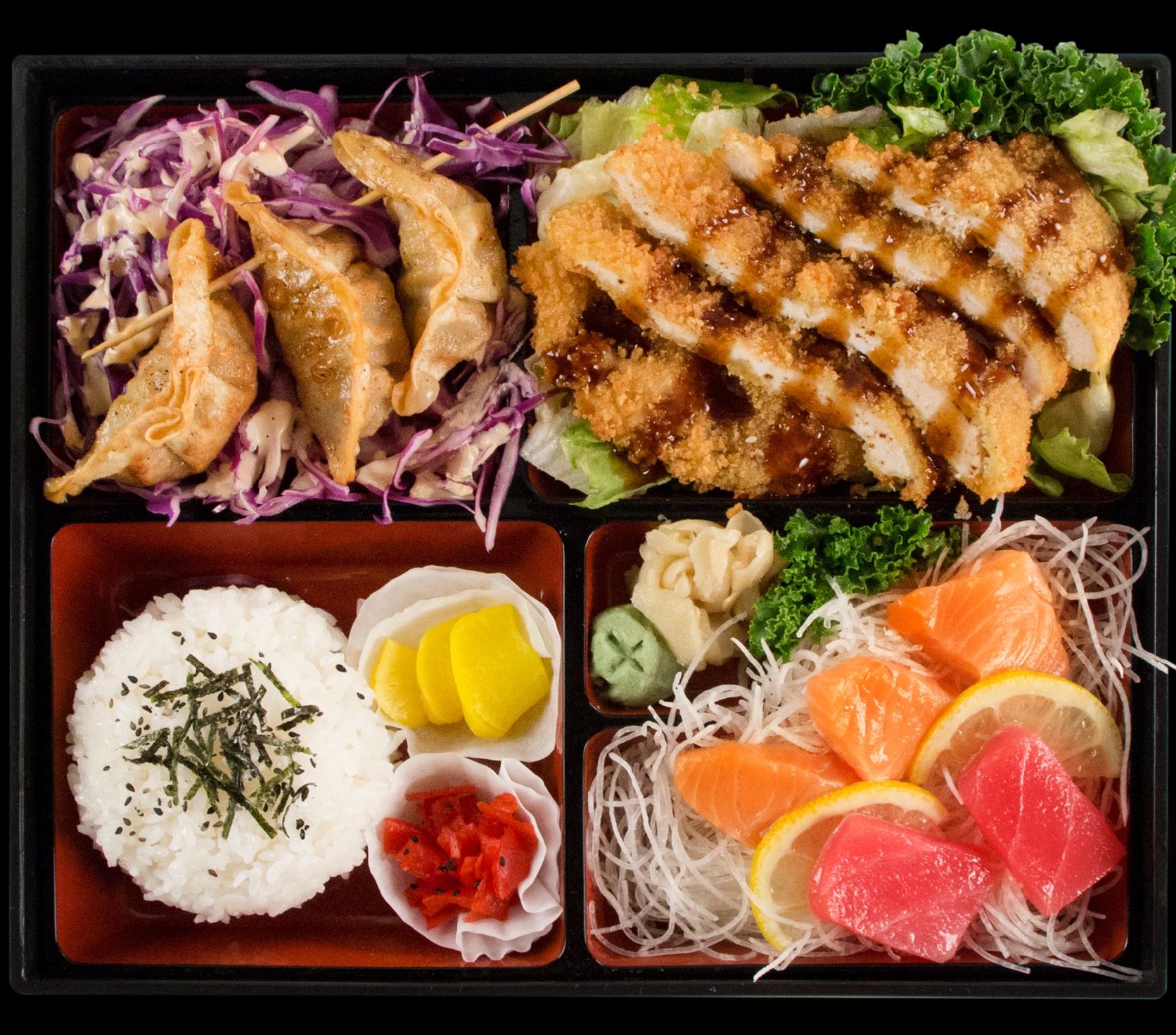 Order Katsu & Sashimi Dinner Bento food online from Genji Sushi Express store, Wynnewood on bringmethat.com