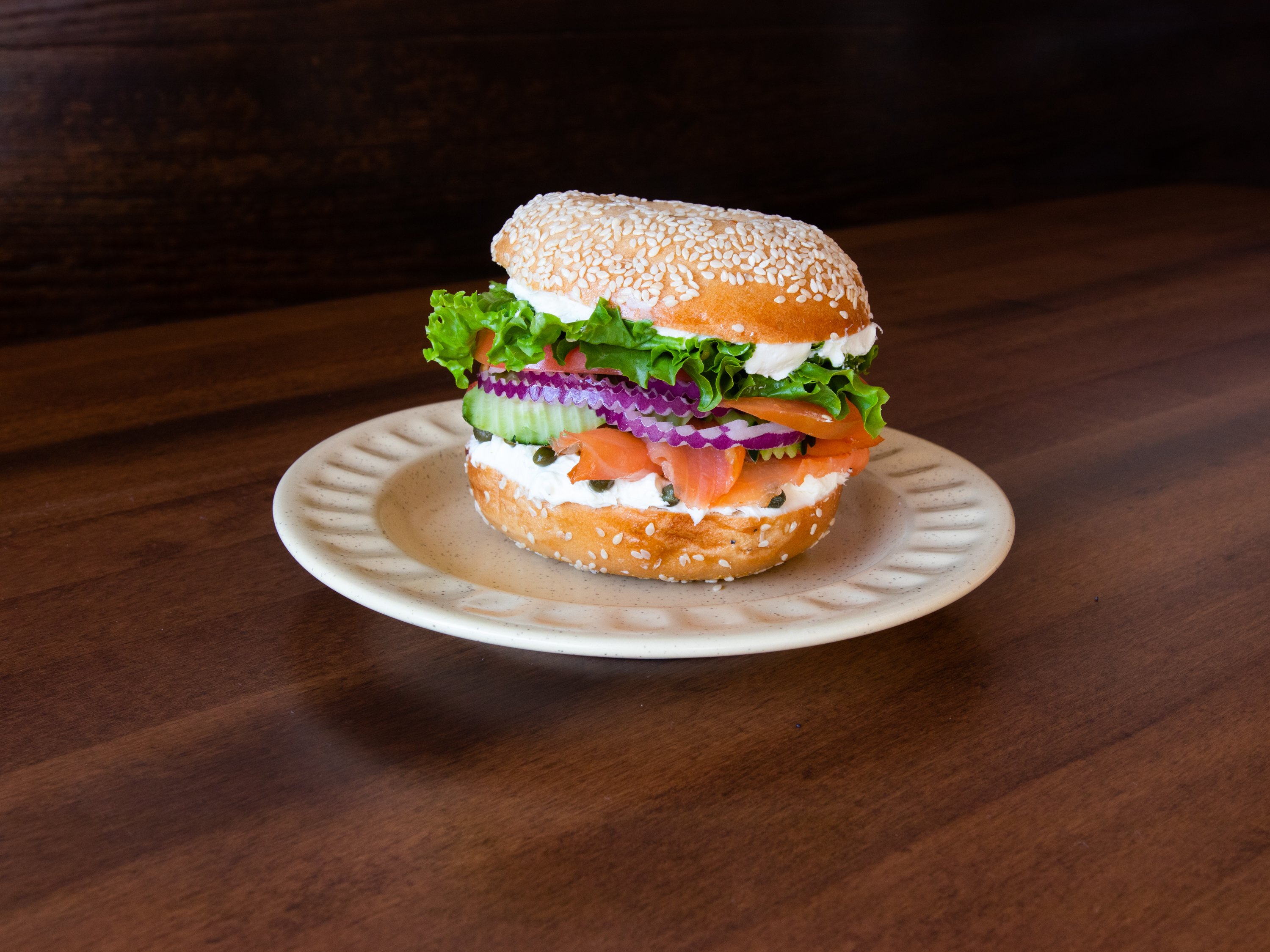 Order Lox Deluxe Sandwich food online from House Of Bagels store, San Jose on bringmethat.com