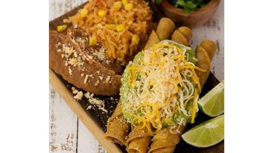 Order * 6 - Three Rolled Tacos + Rice & Beans food online from Burros & Fries store, Chula Vista on bringmethat.com