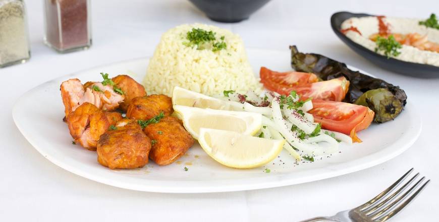 Order Grilled Salmon Plate food online from Elenas Greek Armenian Cuisine store, Glendale on bringmethat.com
