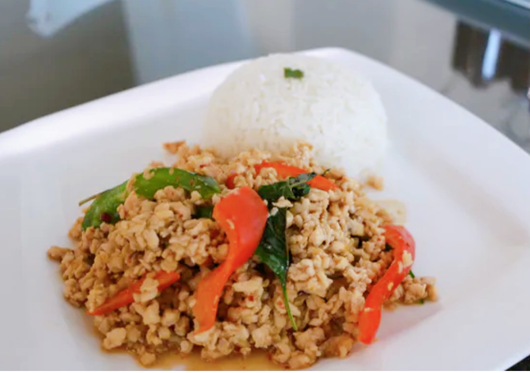 Order 40. Pad Ka Paow Over Rice food online from Baan Thai store, Panorama City on bringmethat.com