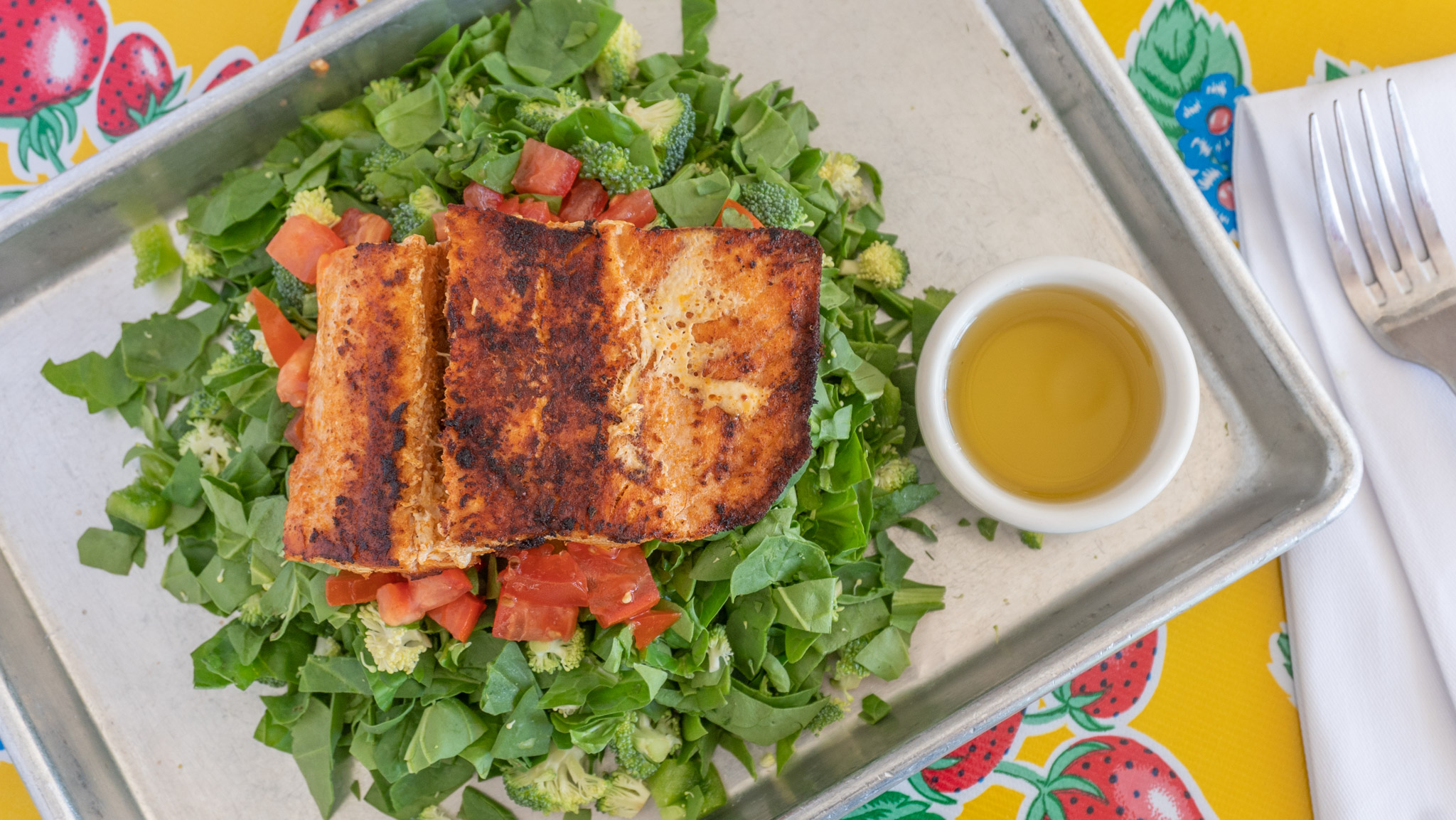 Order The Cajun Salmon and Spinach Salad food online from The Acai And Smoothie Girl store, Beverly Hills on bringmethat.com