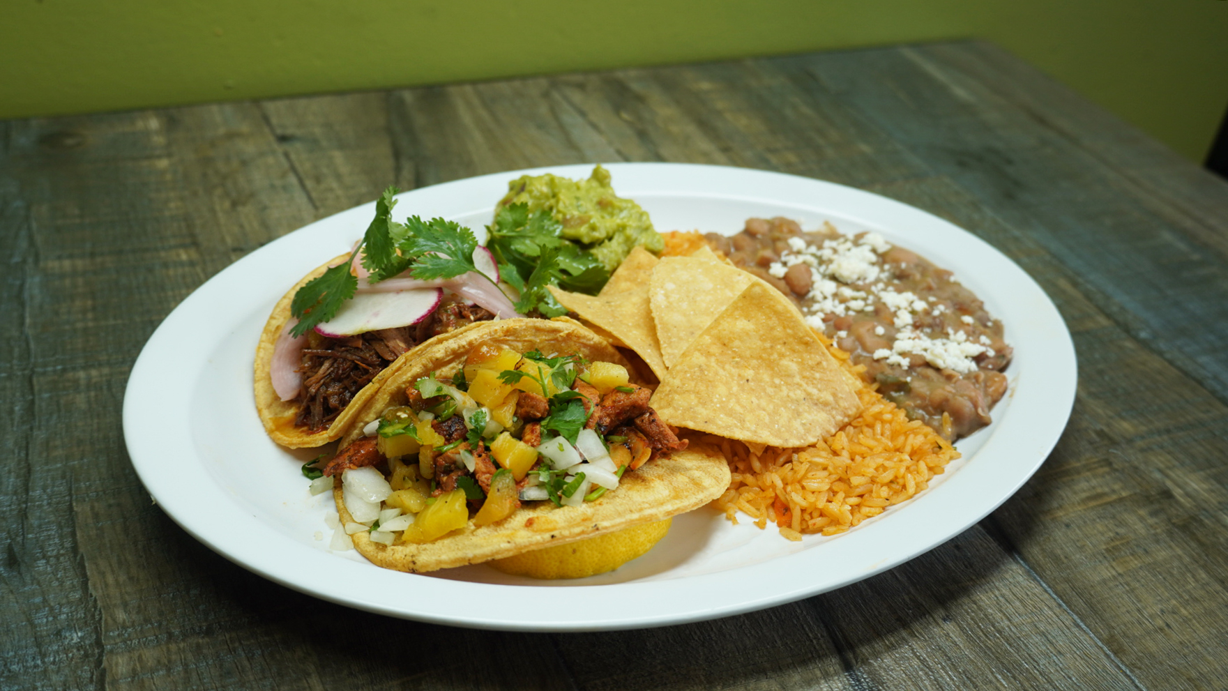 Order Benny’s 2 Tacos Plate food online from Bennys Tacos & Chicken Rotisserie store, Santa Monica on bringmethat.com