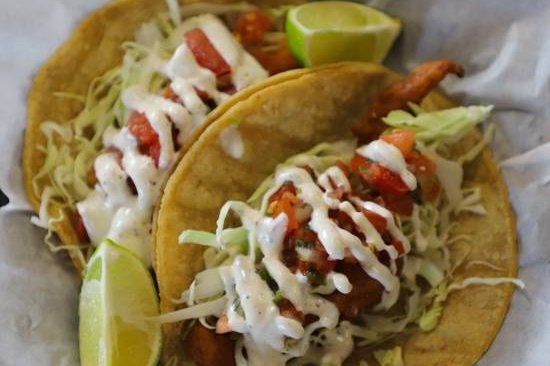Order * 2 - Two Fish Tacos + Rice ＆ Beans food online from Burros & Fries store, Escondido on bringmethat.com