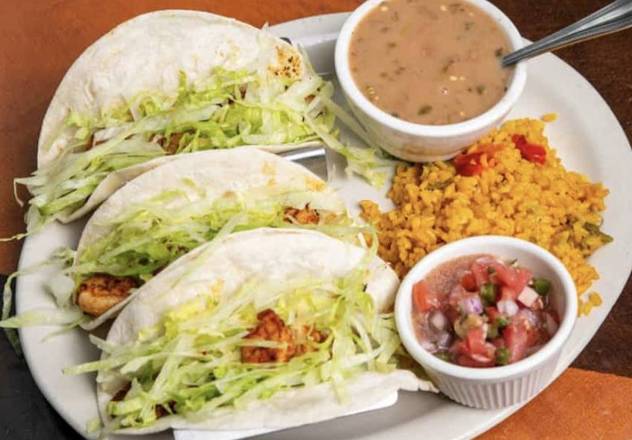 Order Shrimp Soft Tacos w/Rice & Beans food online from Cafe Gecko store, Fairview on bringmethat.com