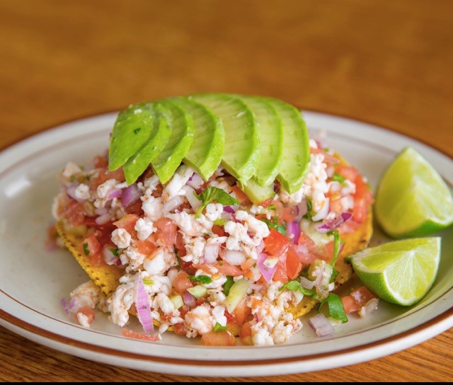 Order Shrimp Ceviche Tostada food online from Mi Zacatecas Mexican Food store, Hawthorne on bringmethat.com