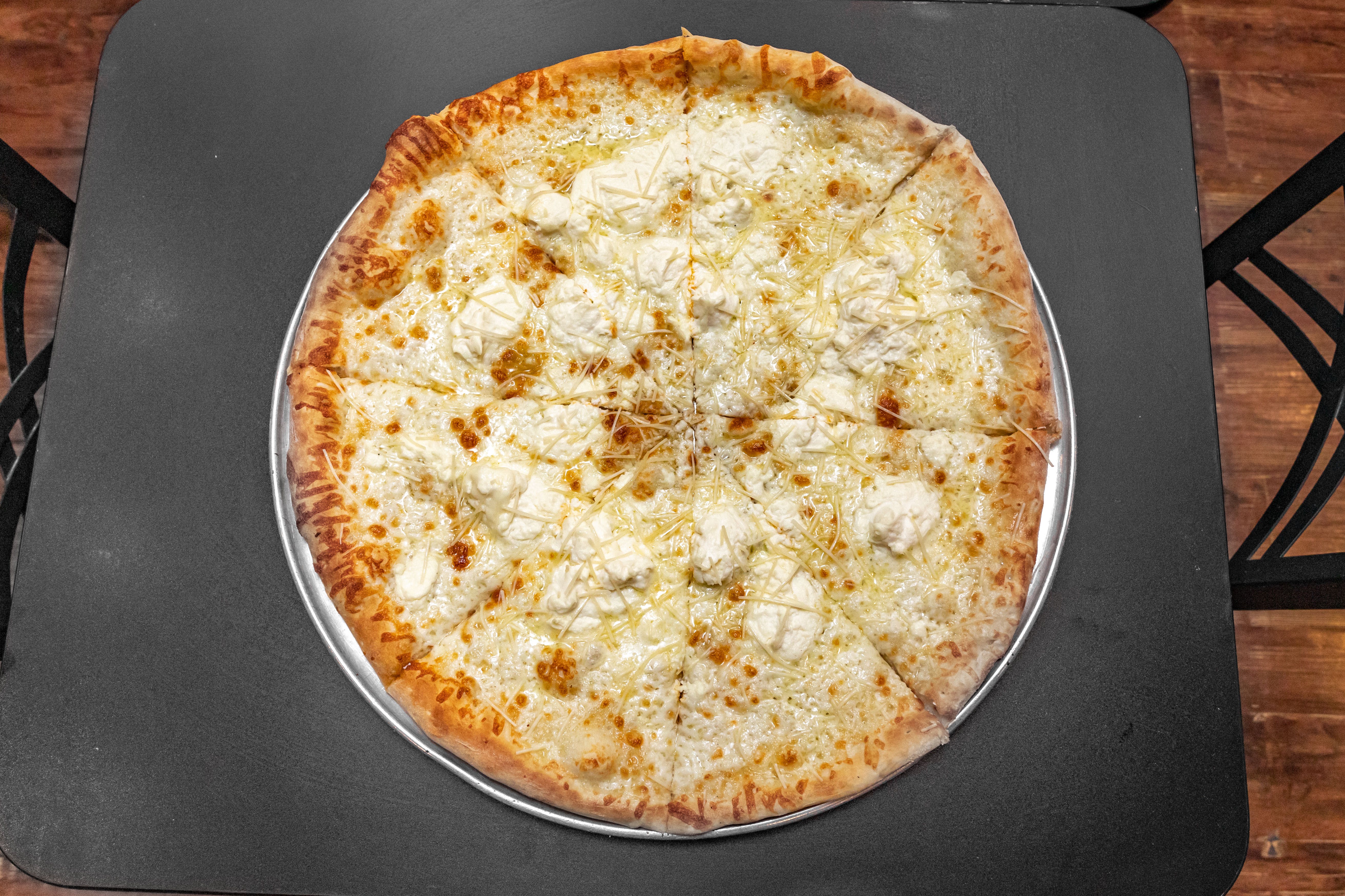Order Four Cheese White Pizza - Small 16'' food online from Ruffranos Hells Kitchen Pizza store, Colorado Springs on bringmethat.com