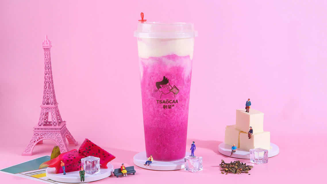 Order Iced Dragon Fruit Tea w Crystal Pearl&Milk Foam food online from Poke Man store, Philadelphia on bringmethat.com